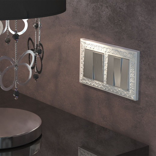 Выключатель двухклавишный проходной cеребряный рифленый W1122009