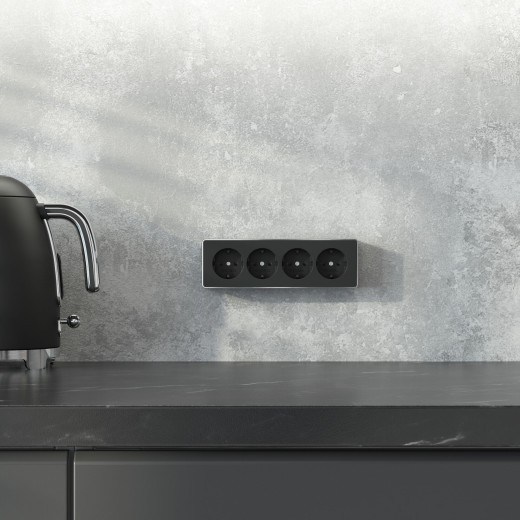 Розетка четверная с заземлением и шторками Gallant черный/хром W5072258